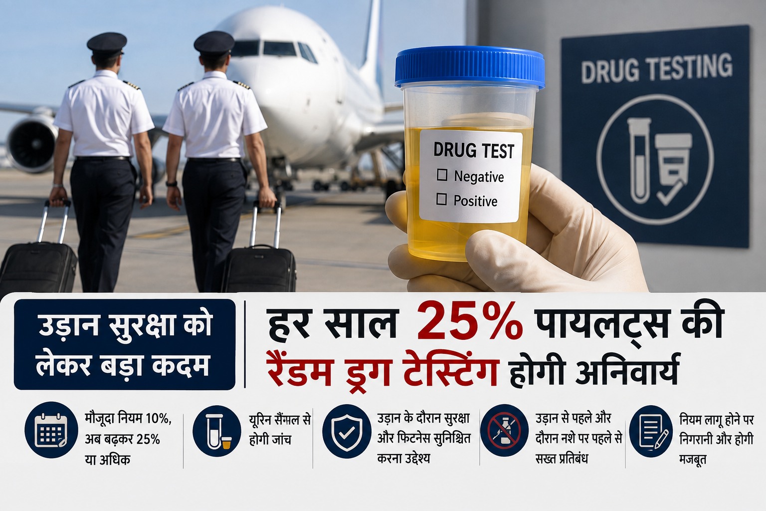 Read more about the article हर साल 25% पायलटों की होगी रैंडम ड्रग टेस्टिंग! उड़ान सुरक्षा को लेकर नियम और सख्त करने की तैयारी